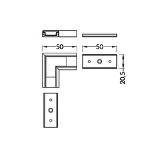 URA14 LED-kulmapala 90° mitat: 50mm x 50mm x 20,5mm, kulmapalan asennuskuva