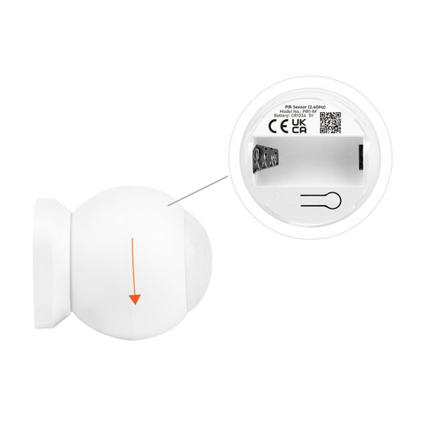 PIR liiketunnistin 2.4G sensorin käyttöohje ja takakansi, jossa näkyy paristokotelo.