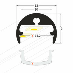 PYÖRÖ8 LED-profiili 2m, pyöreä, mitat ja rakenne, 13mm halkaisija, 11,2mm syvyys