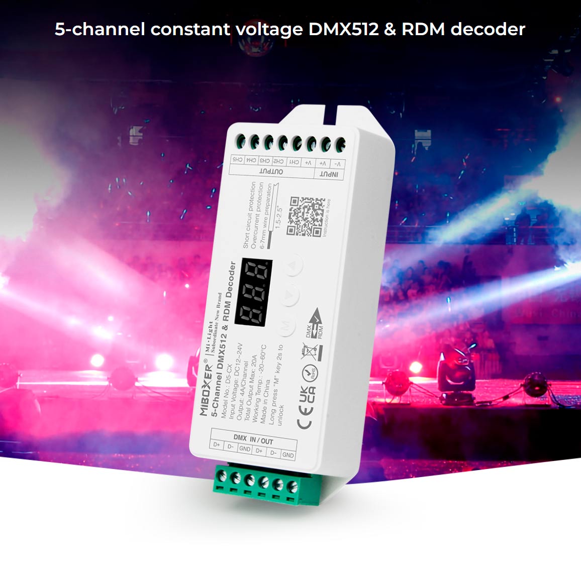 DMX-dekooderi RGB+CCT 5-kanavainen jatkuva jännite DMX512 & RDM dekooderi MiBoxer D5-CX