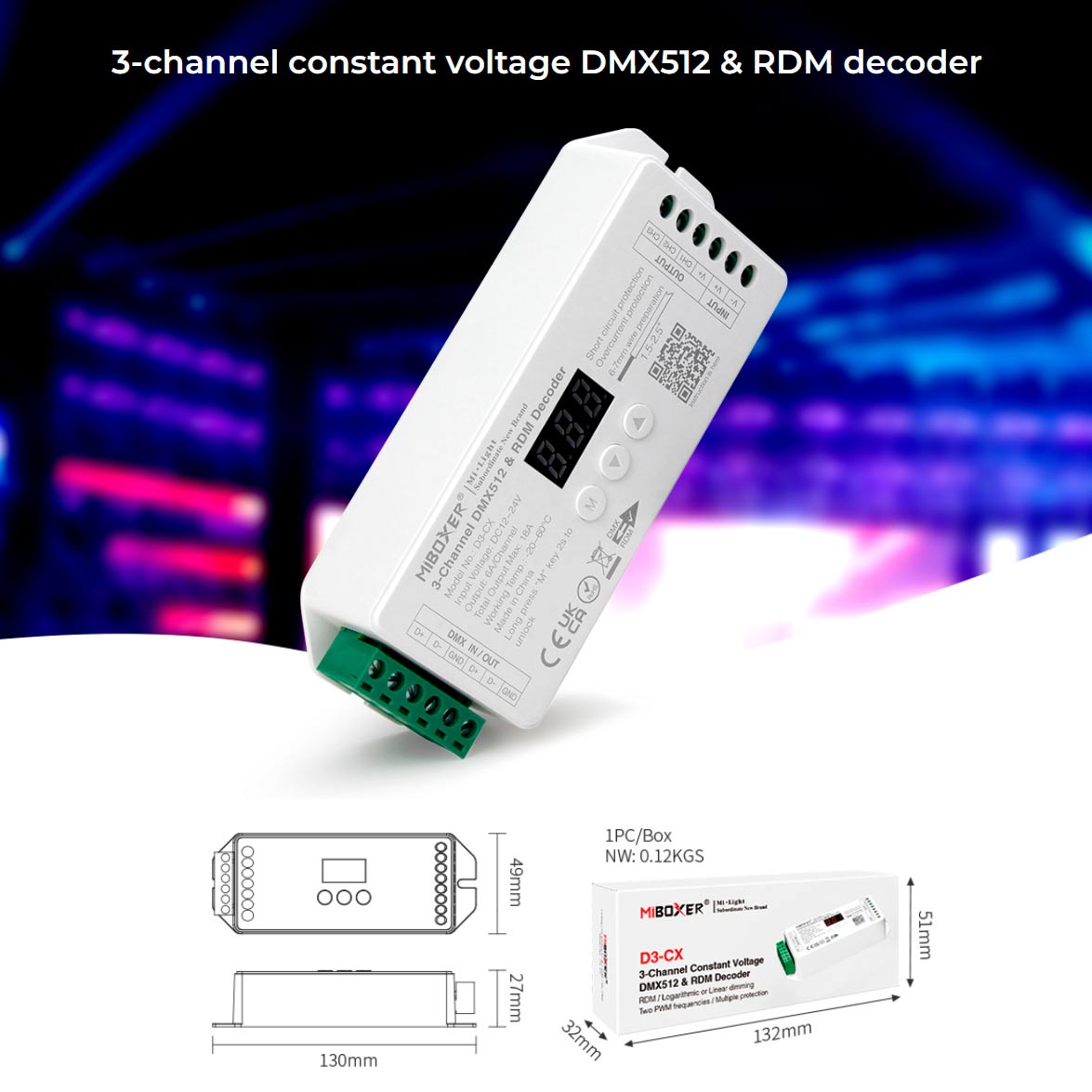 RGB DMX-dekooderi 12-24VDC 3 kanavaa max. 18A DMX512 & RDM - D3-CX johdanto