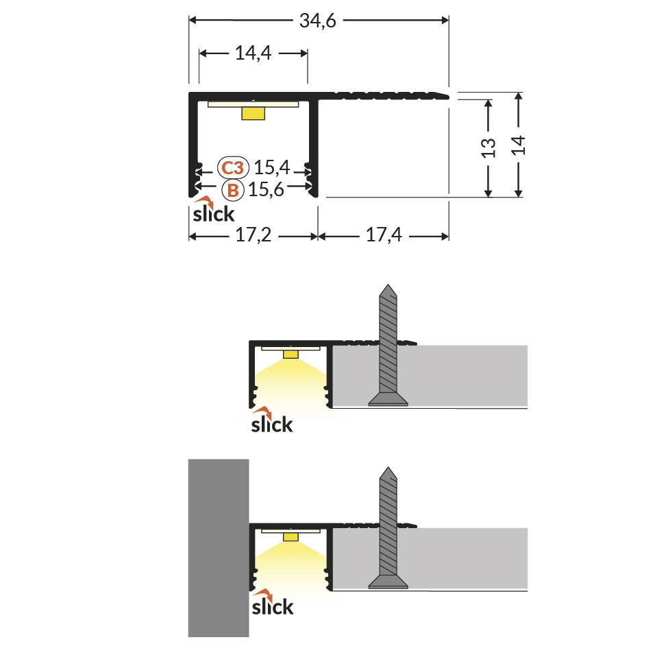 SIIPI14-SIDE LED-profiili 2m, sivusta kiinnitettävä; mitat ja asennuskuvat.