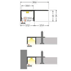 SIIPI14-SIDE LED-profiili 2m, sivusta kiinnitettävä; mitat ja asennuskuvat.