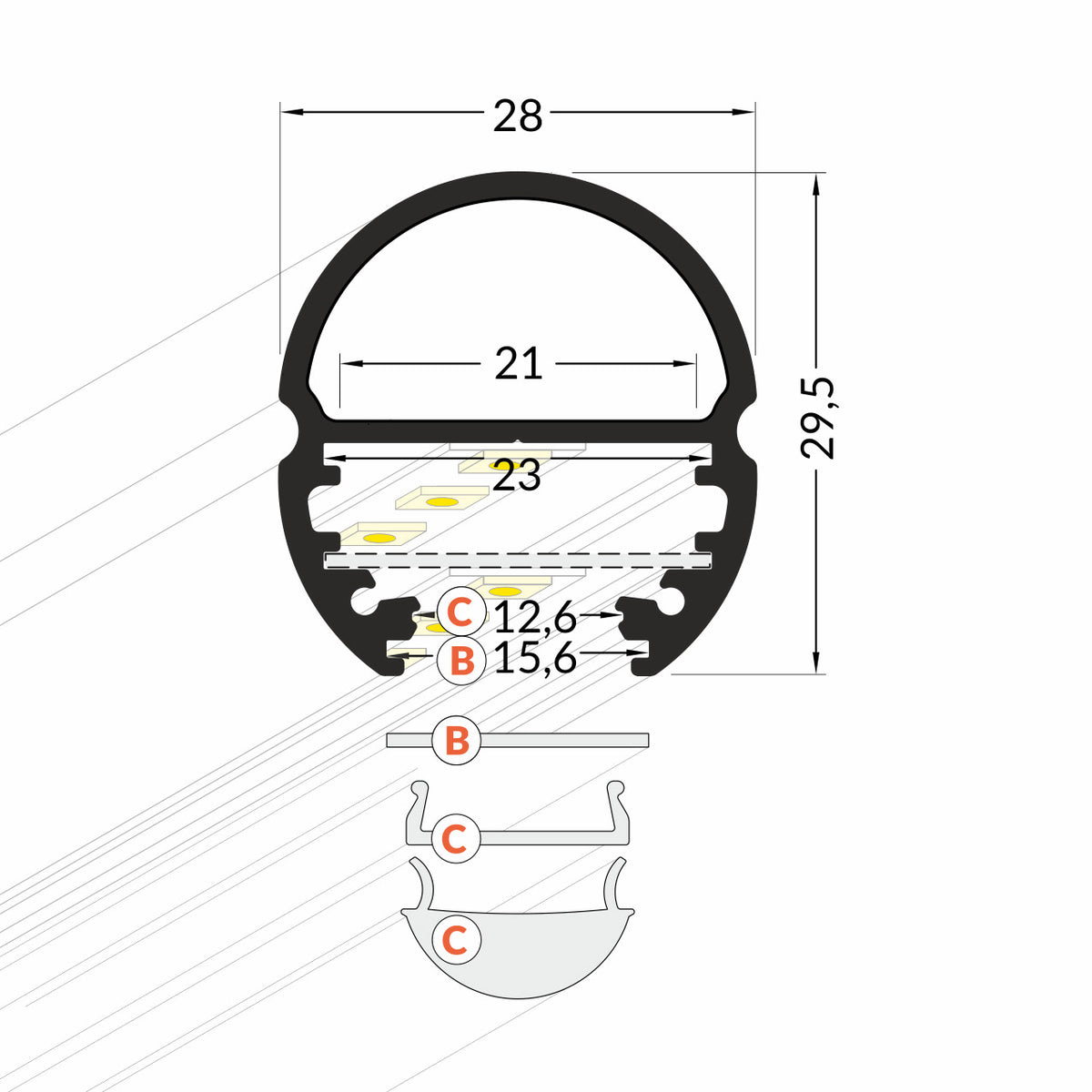 TANKO20 LED-vaatekaappiprofiili mitat, kaaviokuva alumiiniprofiilista, johon voidaan asentaa LED-nauha.