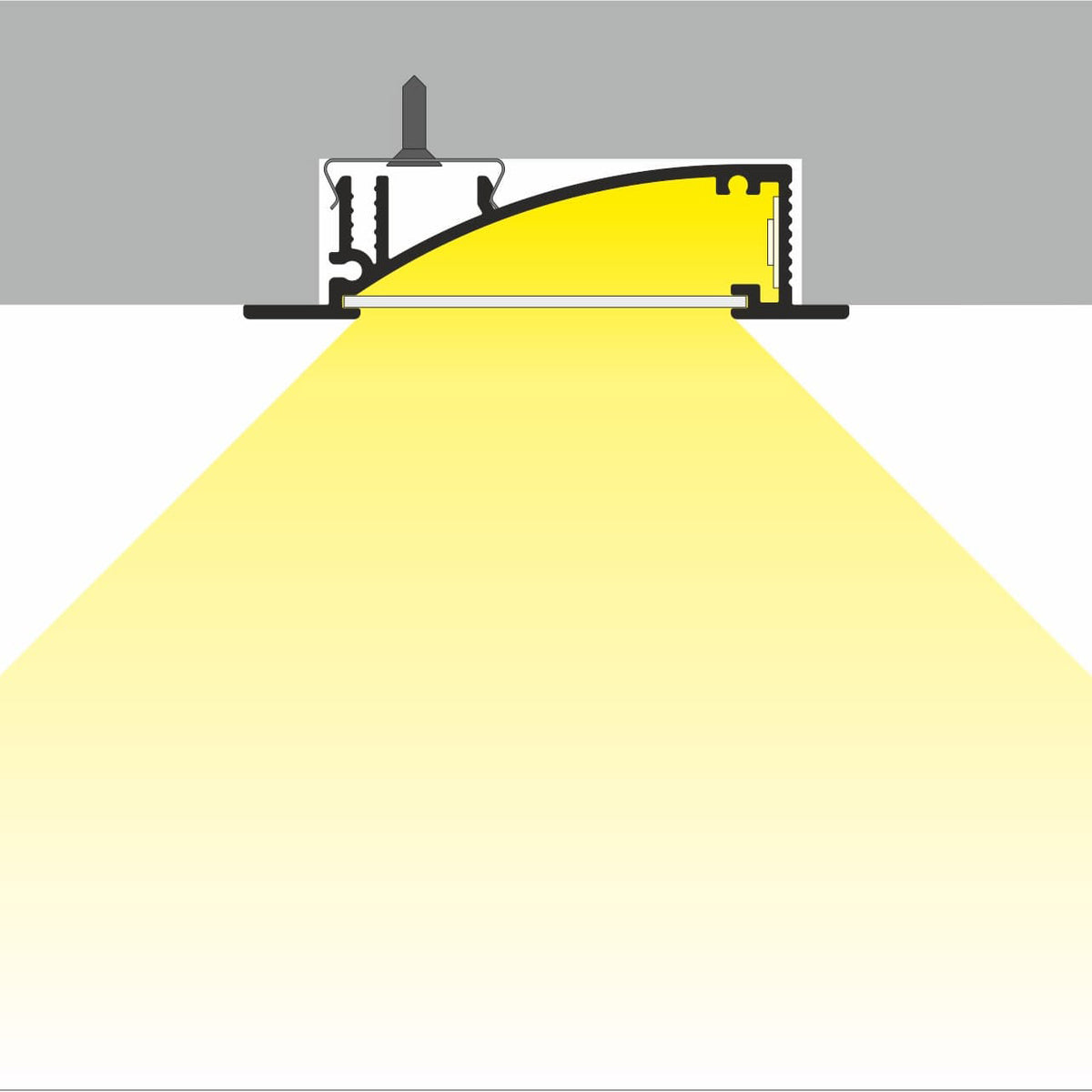 TASO8 LED-profiili 2m, epäsuora valaistus heijastuu kaarevan pohjan kautta.