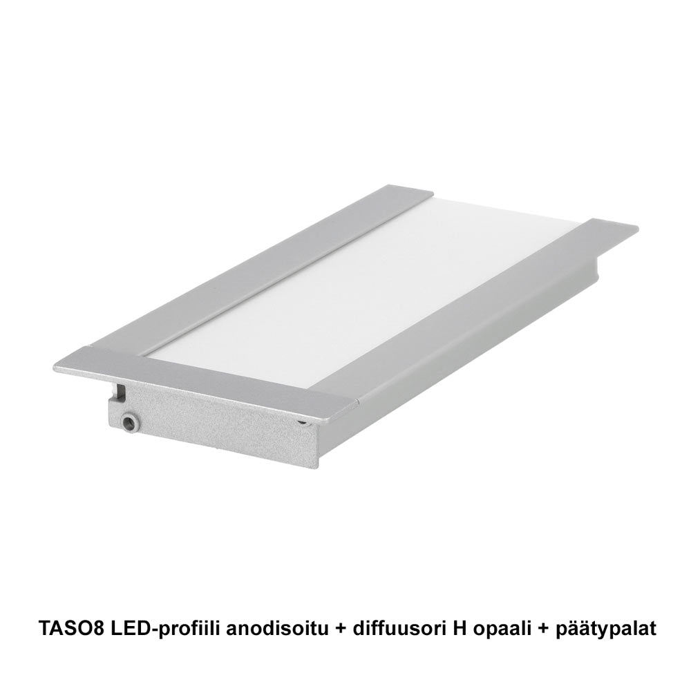 TASO8 LED-alumiinilista 2m anodisoitu diffuusori H opaalilla ja päätypaloilla