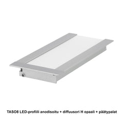 TASO8 LED-alumiinilista 2m anodisoitu diffuusori H opaalilla ja päätypaloilla