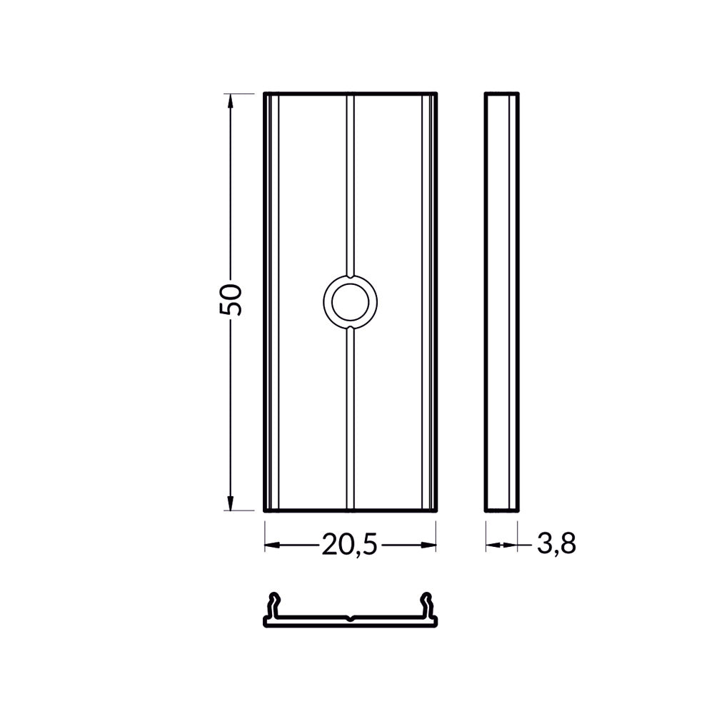Liitospala LED-profiilien liitospala mittojen 20,5x50 mm ja 3,8 mm paksuuden mukaan.