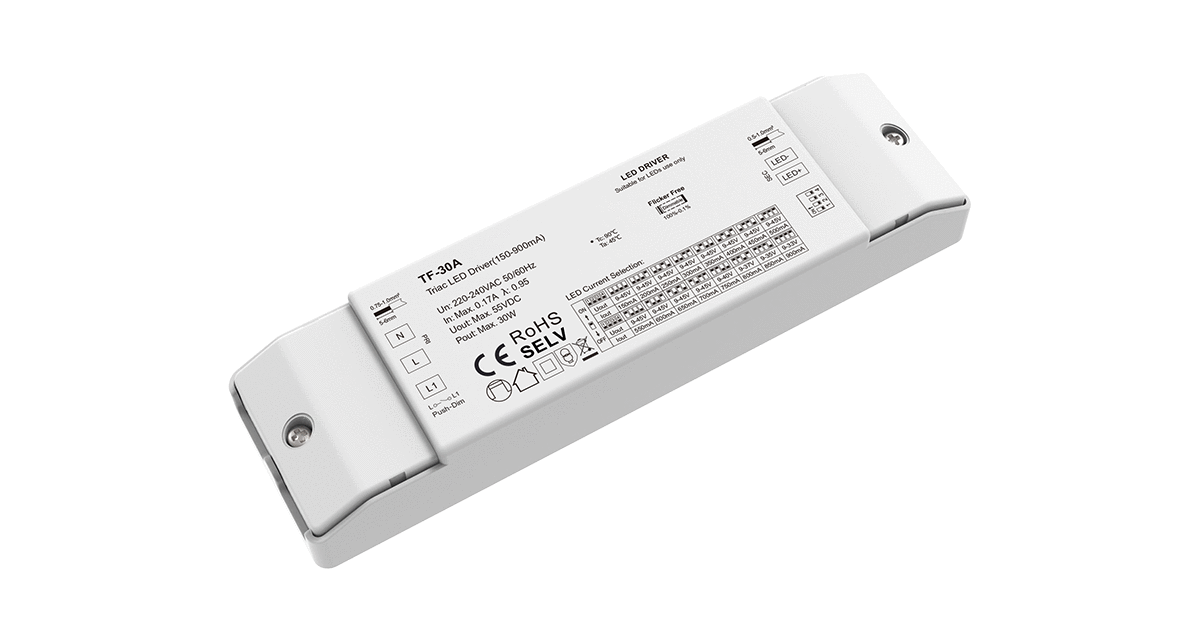 30W TRIAC-himmennettävä vakiovirtateholähde 150mA-900mA 9-45V  (+PUSH DIM) LED-alasvaloille