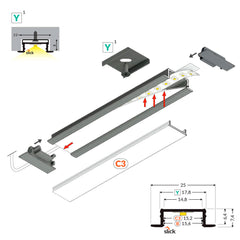 URA14.V2 LED-profiilisetti anodisoitu, osat ja mittakaavat, kätevä asennusohje.