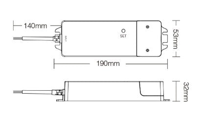 75W 24V LED-muuntaja WiFi ohjaimella tekniset piirustukset, mitat 190mm x 140mm x 53mm.