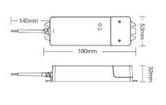 75W 24V LED-muuntaja WiFi ohjaimella tekniset piirustukset, mitat 190mm x 140mm x 53mm.