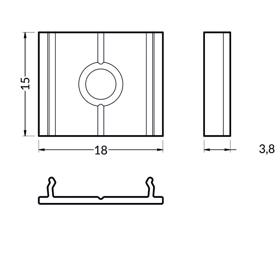 Alumiiniset kiinnitysklipit 2kpl tekniset piirustukset, mitat 15mm x 18mm x 3.8mm.