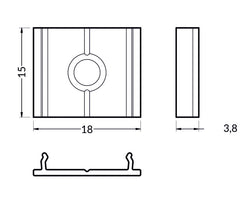 Alumiiniset kiinnitysklipit 2kpl tekniset piirustukset, mitat 15mm x 18mm x 3.8mm.