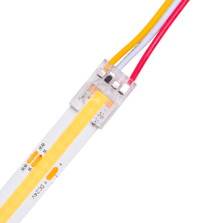 COB 10mm pisteettömän CCT LED-nauhan liitin, johon on kiinnitetty 14cm johdot.