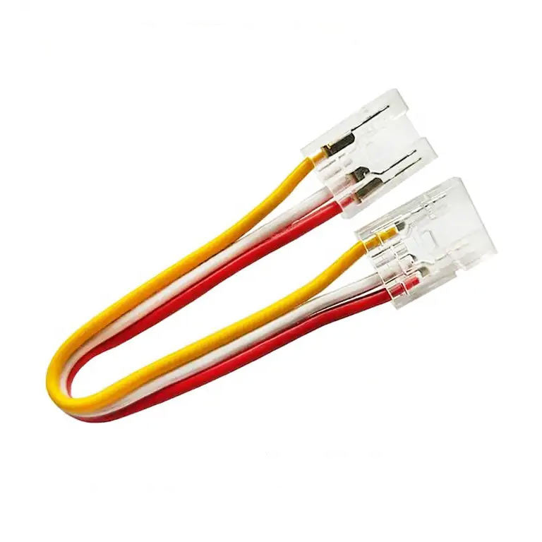 10mm COF LED-nauhan jatkoliitin, jossa 13cm välijohto ja punaiset sekä keltaiset liittimet.
