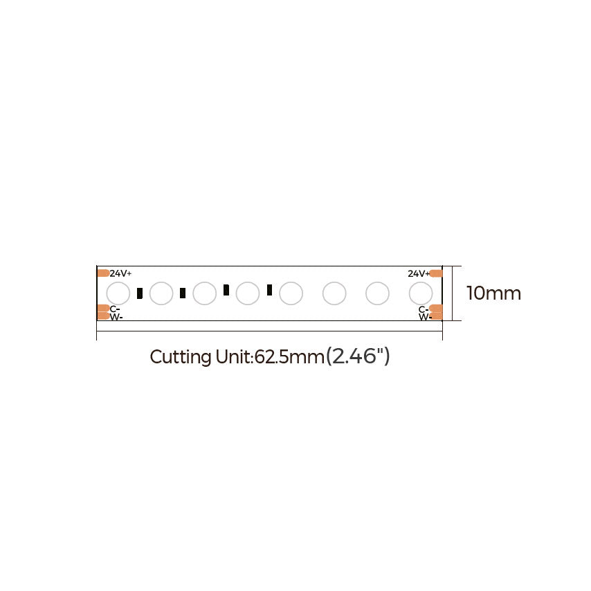 18W/m 24V STAR LED-nauha 10mm, leikkausyksikkö 62.5mm, CCT värilämpötilasäädettävä LED-nauha