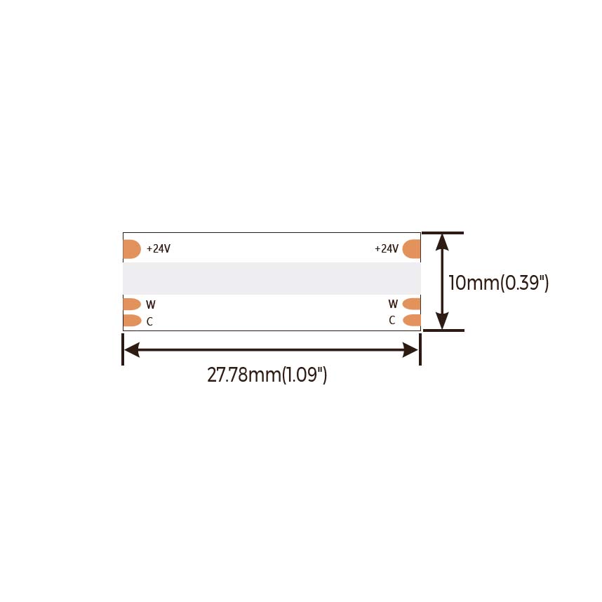 CCT säädettävä LED-valonauha 18W/m 24V mitat, leveys 27.78mm ja korkeus 10mm