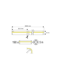 CCT LED-valonauha 2700-6500K tekniset piirustukset 5m, mitat ja leikkausohjeet.