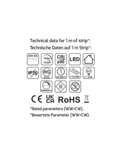 Teknisiä tietoja 1 m CCT LED-valonauha 2700-6500K, sisältää symbolit ja sertifikaatit.