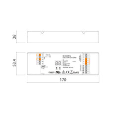 DALI DT8 PRO LED-ohjain tekniset tiedot, mitat 170x53.4x28 mm, yhteensopiva 12-36V LED-valaisimille.