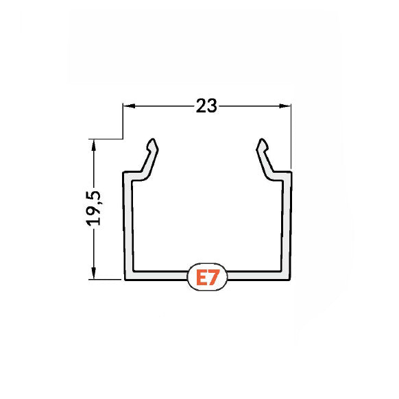 Diffuusori E7 LED-profiili, mittatiedot: leveys 23mm, korkeus 19,5mm.