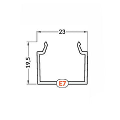 Diffuusori E7 LED-profiili, mittatiedot: leveys 23mm, korkeus 19,5mm.