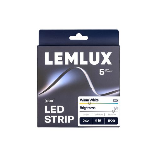 LEMLUX COB LED-nauha 25W 24V, 5 m, 3000K, IP20, tehokas valaistusratkaisu.