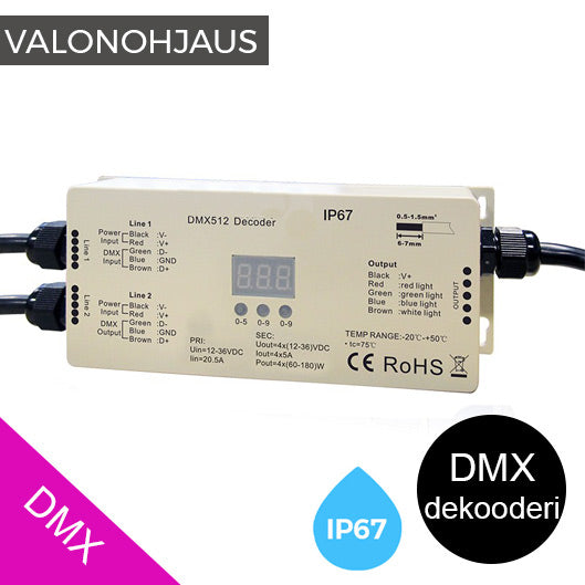 DMX-dekooderi 4 x 5A 12-36VDC ulkokäyttöön IP67, laadukas DMX-laite, IP67 suojauksella.
