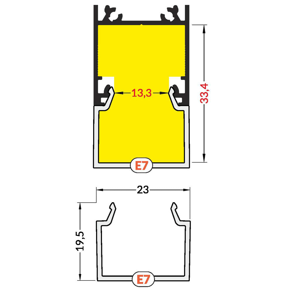 Diffuusori E7 LED-profiili, neliönmallinen ulkoneva kansi, mitat 23 x 19,5mm, pituus 2m.