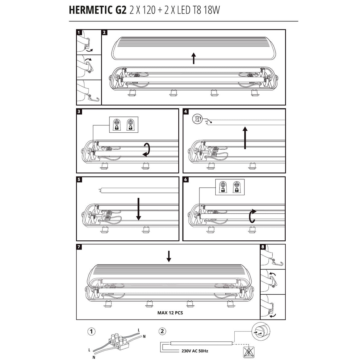 LED-loisteputkivalaisin 2x120cm 18W 4000K LED-putkilla 4320lm - HERMETIC G2 IP65, läpijohdotettava