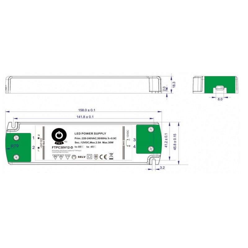 TRIAC himmennettävä LED-muuntaja 30W tekniset tiedot ja mitat