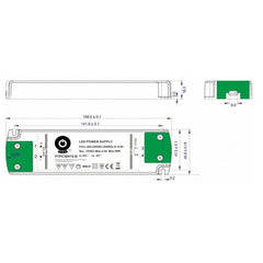 TRIAC himmennettävä LED-muuntaja 30W tekniset tiedot ja mitat