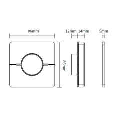 Langaton LED-seinäsäädin mittapiirustus, mitat 86mm x 86mm, 12mm, 14mm ja 5mm.