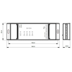 KNX himmennin yksivärisille LED-valoille, 4 kanavaa, 5A, mitat 156 x 53.4 x 23 mm.
