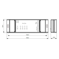 KNX RGBW ohjain 4 kanavaa, mitat ja liitännät teknisessä piirustuksessa.