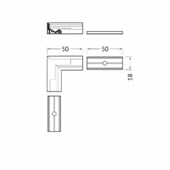 URA10 LED-kulmapala 90° kulmapalan mitat: 50mm x 50mm x 18mm, tekninen kuvaus.
