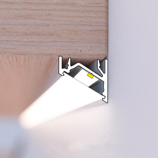 KULMA12 LED-profiili 2m kulmaan asennettuna, valo suuntautuu 30° tai 60°, tyylikäs muotoilu.