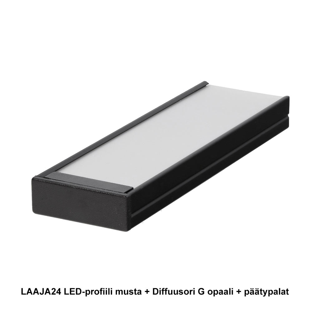 LAAJA24 - leveä LED-profiili musta, diffuusiori G opaalilla ja päätypaloilla
