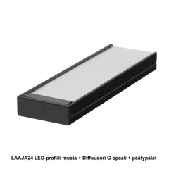 LAAJA24 - leveä LED-profiili musta, diffuusiori G opaalilla ja päätypaloilla