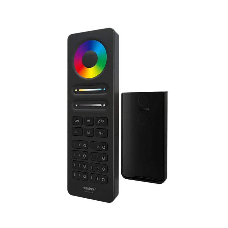 RGB LED kaukosäädin 8-kanav musta, sisältää väripyörän ja himmennyskytkimen.