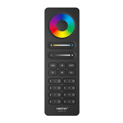 RGB LED kaukosäädin 8-kanav musta C8, jossa väripyörä ja liukukytkimet himmennykseen.