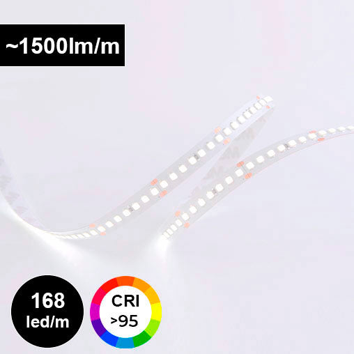 Tehokas LED-valonauha 168led/m, ~1500lm/m, CRI >95, suunniteltu tasaisen ja miellyttävän valon tuottamiseen.