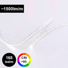 Tehokas LED-valonauha 168led/m, ~1500lm/m, CRI >95, suunniteltu tasaisen ja miellyttävän valon tuottamiseen.