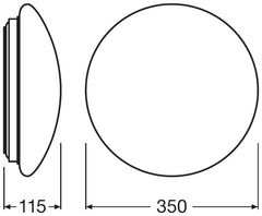 LED kattovalaisin 18W mitat, ympyrän halkaisija 350mm, syvyys 115mm
