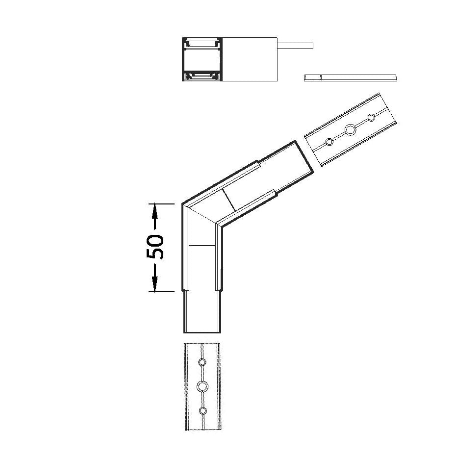 LINJA20 LED-profiilin kulmapala 120° tekniset piirustukset ja mitat