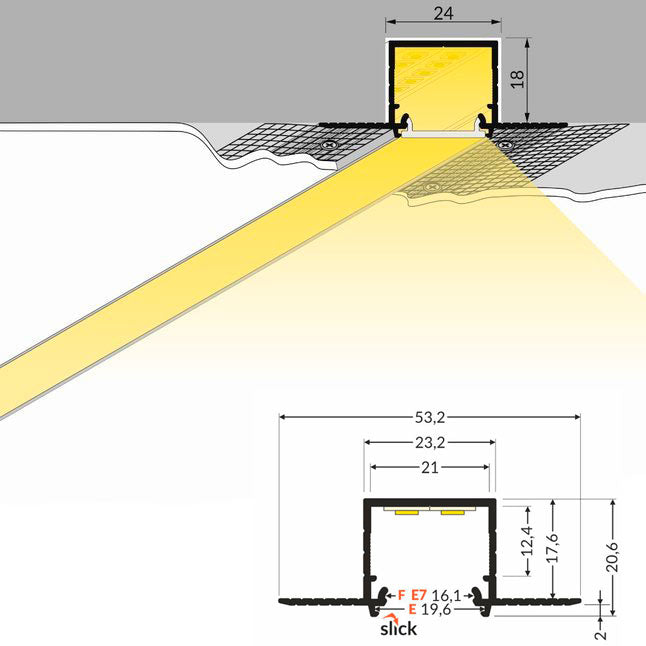 LINJA-UPPO20 TRIMLESS LED-profiili 2m alumiinilista, kaaviokuva asennuksesta ja mitoituksesta.