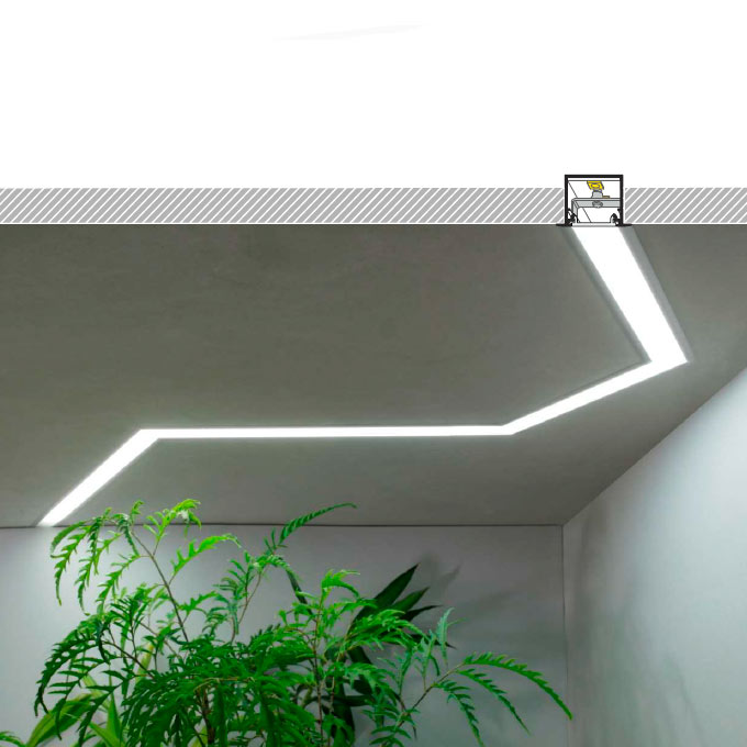 LED-alumiinilista uppoasennukseen asennettuna katolle vihernurkan yli.