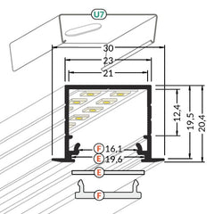 LINJA-UPPO20 LED-profiili 2m mittapiirros, LED-alumiinilista uppoasennukseen rakennettavaksi.