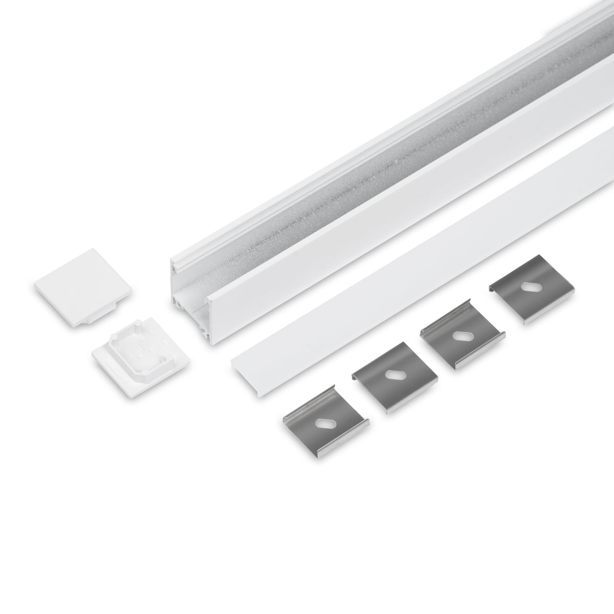LINJA20 LED-profiilisetti valkoinen, 2m, sisältää alumiiniprofiilit ja osat moderniin valaistukseen.